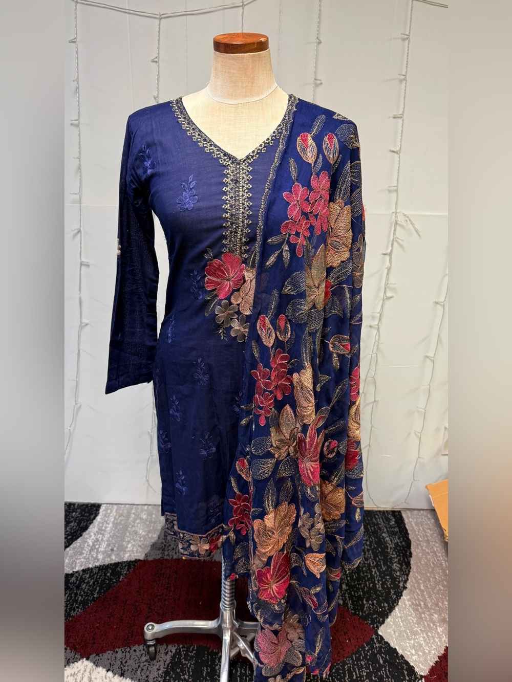 Elegant Navy Floral Embroidered Women's Dress with Scarf